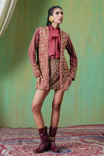 Buy Payal & Zinal Maroon Velvet, Twill, Silk High Neck Rekha Embroidered Blazer Skirt Set Buy_Payal & Zinal_Maroon Velvet, Twill, Silk High Neck Rekha Embroidered Blazer Skirt Set