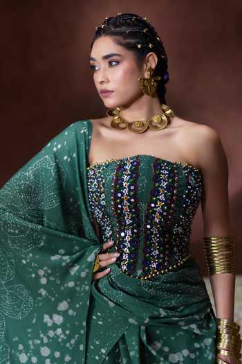 Payal & Zinal Green Georgette Bandeau Neck Rehana Printed Pre-draped Saree With Corset Blouse Online at Aza Fashions Payal & Zinal_Green Georgette Bandeau Neck Rehana Printed Pre-draped Saree With Corset Blouse _Online_at_Aza_Fashions