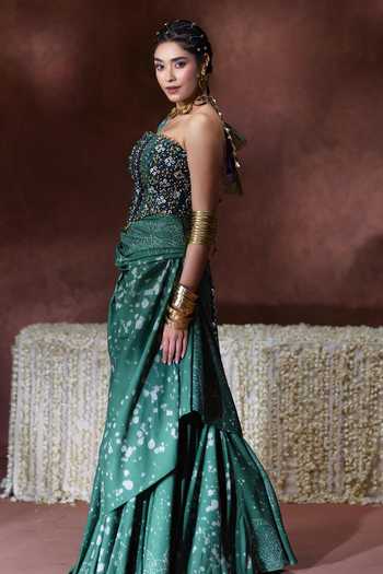 Buy Payal & Zinal Green Georgette Bandeau Neck Rehana Printed Pre-draped Saree With Corset Blouse Online at Aza Fashions Buy_Payal & Zinal_Green Georgette Bandeau Neck Rehana Printed Pre-draped Saree With Corset Blouse _Online_at_Aza_Fashions