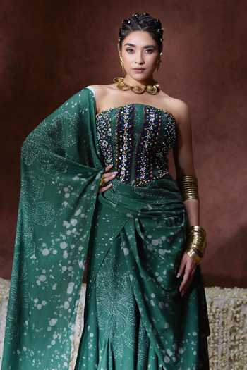 Shop Payal & Zinal Green Georgette Bandeau Neck Rehana Printed Pre-draped Saree With Corset Blouse Online at Aza Fashions Shop_Payal & Zinal_Green Georgette Bandeau Neck Rehana Printed Pre-draped Saree With Corset Blouse _Online_at_Aza_Fashions