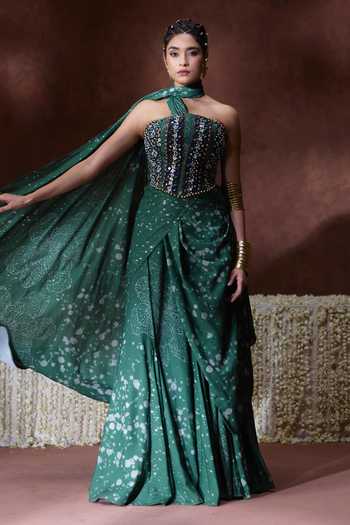 Buy Payal & Zinal Green Georgette Bandeau Neck Rehana Printed Pre-draped Saree With Corset Blouse Buy_Payal & Zinal_Green Georgette Bandeau Neck Rehana Printed Pre-draped Saree With Corset Blouse