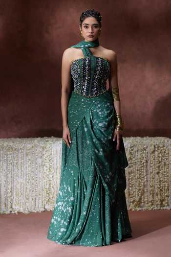 Shop Payal & Zinal Green Georgette Bandeau Neck Rehana Printed Pre-draped Saree With Corset Blouse Shop_Payal & Zinal_Green Georgette Bandeau Neck Rehana Printed Pre-draped Saree With Corset Blouse