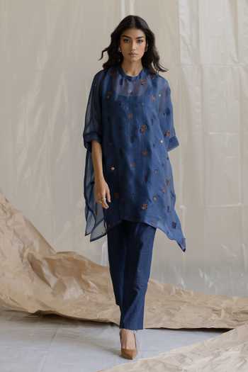 Pooja-Keyur_Blue Organza, Denim High Neck Embroidered Kaftan And Pant Set _Online_at_Aza_Fashions