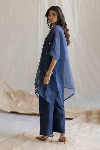 Buy_Pooja-Keyur_Blue Organza, Denim High Neck Embroidered Kaftan And Pant Set _Online_at_Aza_Fashions