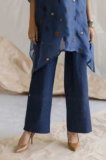 Shop_Pooja-Keyur_Blue Organza, Denim High Neck Embroidered Kaftan And Pant Set _Online_at_Aza_Fashions