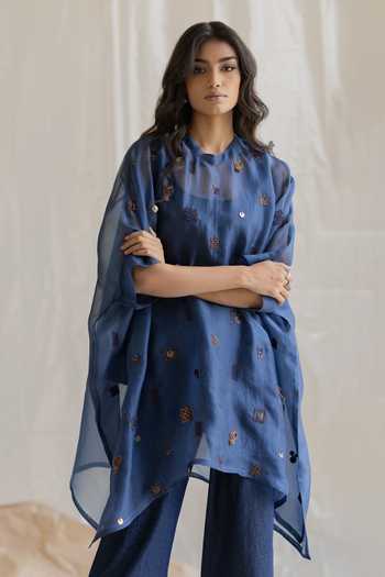 Buy_Pooja-Keyur_Blue Organza, Denim High Neck Embroidered Kaftan And Pant Set 