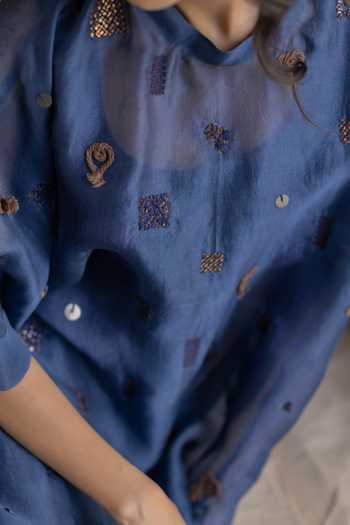 Shop_Pooja-Keyur_Blue Organza, Denim High Neck Embroidered Kaftan And Pant Set 