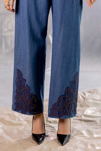 Shop_Pooja-Keyur_Blue Denim Round Neck Aari Embroidered Top And Pant Set _Online_at_Aza_Fashions