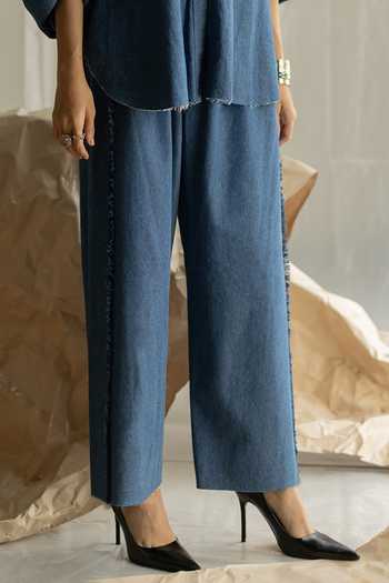 Buy_Pooja-Keyur_Blue Denim Collared Neck Embroidered Shirt And Pant Set _Online_at_Aza_Fashions