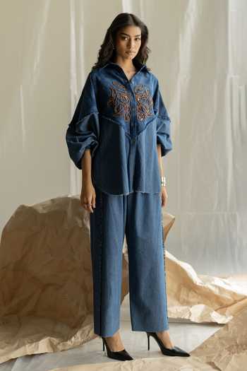 Shop_Pooja-Keyur_Blue Denim Collared Neck Embroidered Shirt And Pant Set _Online_at_Aza_Fashions