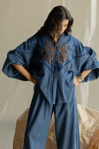 Buy_Pooja-Keyur_Blue Denim Collared Neck Embroidered Shirt And Pant Set 
