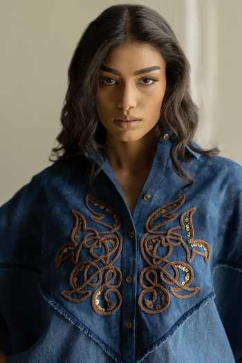 Shop_Pooja-Keyur_Blue Denim Collared Neck Embroidered Shirt And Pant Set 