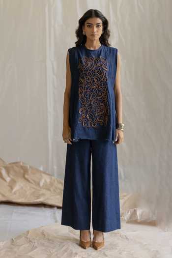 Buy_Pooja-Keyur_Blue Denim Crew Neck Embroidered Pleated Top And Pant Set _Online_at_Aza_Fashions