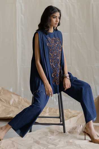 Shop_Pooja-Keyur_Blue Denim Crew Neck Embroidered Pleated Top And Pant Set _Online_at_Aza_Fashions