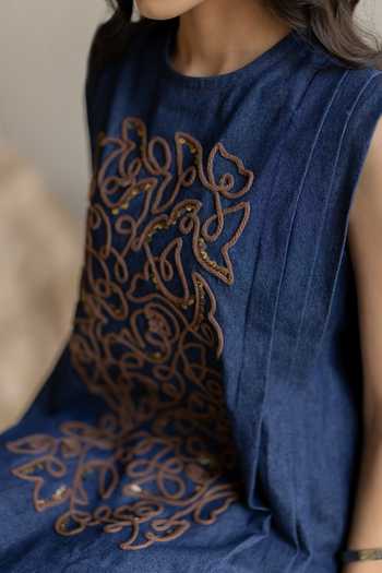 Pooja-Keyur_Blue Denim Crew Neck Embroidered Pleated Top And Pant Set _at_Aza_Fashions