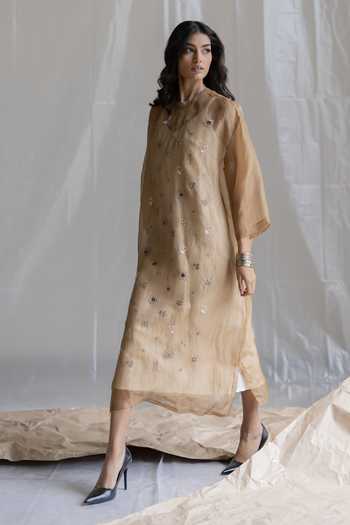 Buy Pooja-Keyur Beige Organza, Denim Round Neck Aari Embroidered Midi Dress Online at Aza Fashions Buy_Pooja-Keyur_Beige Organza, Denim Round Neck Aari Embroidered Midi Dress _Online_at_Aza_Fashions
