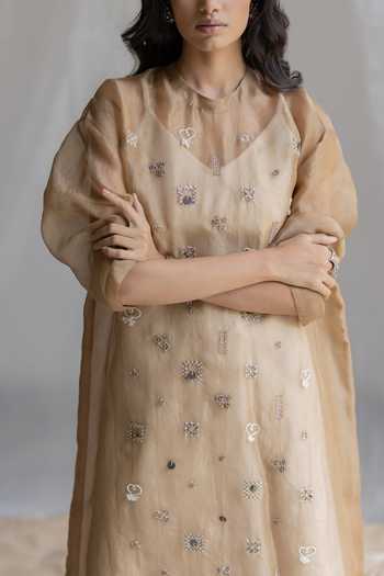 Shop Pooja-Keyur Beige Organza, Denim Round Neck Aari Embroidered Midi Dress Online at Aza Fashions Shop_Pooja-Keyur_Beige Organza, Denim Round Neck Aari Embroidered Midi Dress _Online_at_Aza_Fashions