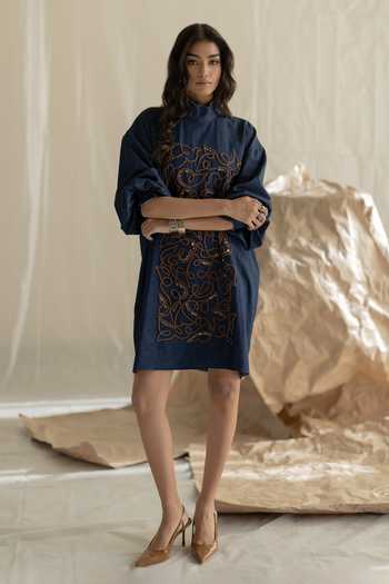 Pooja-Keyur Blue Denim Mandarin Collar Box Dress Online at Aza Fashions Pooja-Keyur_Blue Denim Mandarin Collar Box Dress _Online_at_Aza_Fashions