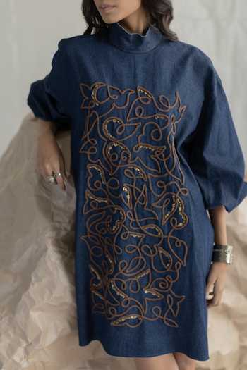 Buy Pooja-Keyur Blue Denim Mandarin Collar Box Dress Buy_Pooja-Keyur_Blue Denim Mandarin Collar Box Dress