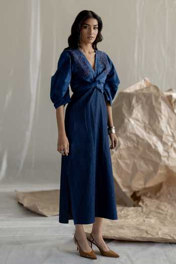 Shop Pooja-Keyur Blue Denim V-neck Wrap Maxi Dress Online at Aza Fashions Shop_Pooja-Keyur_Blue Denim V-neck Wrap Maxi Dress _Online_at_Aza_Fashions
