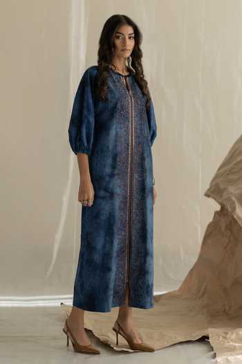 Buy Pooja-Keyur Blue Denim Keyhole Neck Aari Tie-dye Dress Online at Aza Fashions Buy_Pooja-Keyur_Blue Denim Keyhole Neck Aari Tie-dye Dress _Online_at_Aza_Fashions