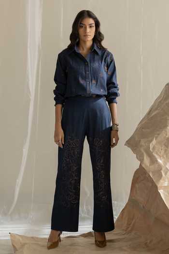 Buy Pooja-Keyur Blue Denim Collared Neck Scattered Embroidered Shirt Online at Aza Fashions Buy_Pooja-Keyur_Blue Denim Collared Neck Scattered Embroidered Shirt _Online_at_Aza_Fashions