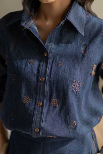 Shop Pooja-Keyur Blue Denim Collared Neck Scattered Embroidered Shirt Online at Aza Fashions Shop_Pooja-Keyur_Blue Denim Collared Neck Scattered Embroidered Shirt _Online_at_Aza_Fashions