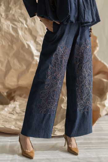 Pooja-Keyur Blue Denim Aari Embroidered Straight Pant Online at Aza Fashions Pooja-Keyur_Blue Denim Aari Embroidered Straight Pant _Online_at_Aza_Fashions