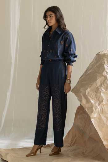 Buy Pooja-Keyur Blue Denim Aari Embroidered Straight Pant Online at Aza Fashions Buy_Pooja-Keyur_Blue Denim Aari Embroidered Straight Pant _Online_at_Aza_Fashions