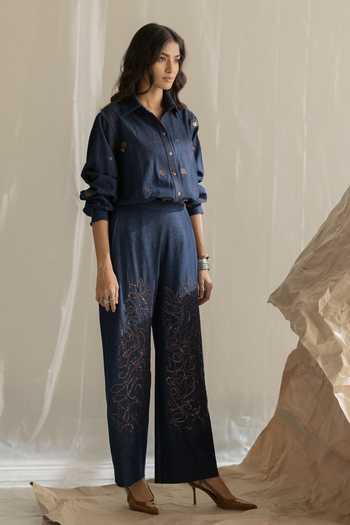 Shop Pooja-Keyur Blue Denim Aari Embroidered Straight Pant Online at Aza Fashions Shop_Pooja-Keyur_Blue Denim Aari Embroidered Straight Pant _Online_at_Aza_Fashions