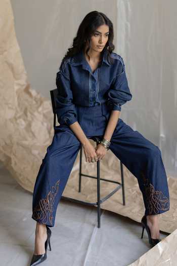 Pooja-Keyur Blue Organza, Denim Collared Neck Shirt Online at Aza Fashions Pooja-Keyur_Blue Organza, Denim Collared Neck Shirt _Online_at_Aza_Fashions