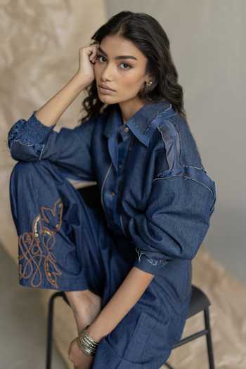 Buy Pooja-Keyur Blue Organza, Denim Collared Neck Shirt Online at Aza Fashions Buy_Pooja-Keyur_Blue Organza, Denim Collared Neck Shirt _Online_at_Aza_Fashions