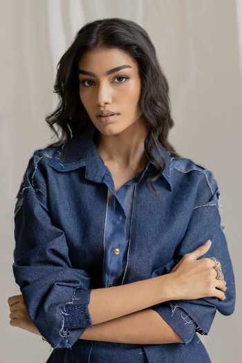 Shop Pooja-Keyur Blue Organza, Denim Collared Neck Shirt Online at Aza Fashions Shop_Pooja-Keyur_Blue Organza, Denim Collared Neck Shirt _Online_at_Aza_Fashions