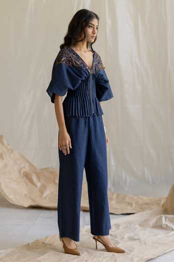Pooja-Keyur Blue Denim V-neck Embroidered Pleated Top Online at Aza Fashions Pooja-Keyur_Blue Denim V-neck Embroidered Pleated Top _Online_at_Aza_Fashions
