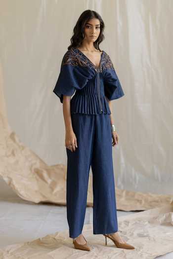 Buy Pooja-Keyur Blue Denim V-neck Embroidered Pleated Top Online at Aza Fashions Buy_Pooja-Keyur_Blue Denim V-neck Embroidered Pleated Top _Online_at_Aza_Fashions