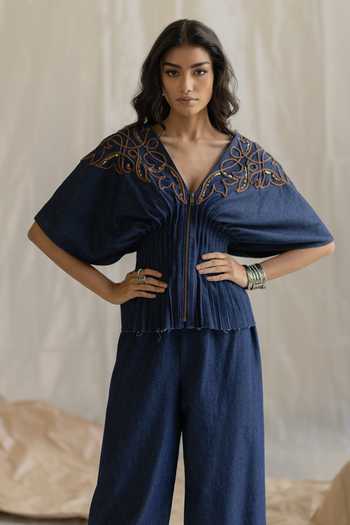 Pooja-Keyur Embroidered Pleated Denim Top 