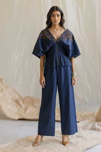 Shop Pooja-Keyur Blue Denim V-neck Embroidered Pleated Top Online at Aza Fashions Shop_Pooja-Keyur_Blue Denim V-neck Embroidered Pleated Top _Online_at_Aza_Fashions