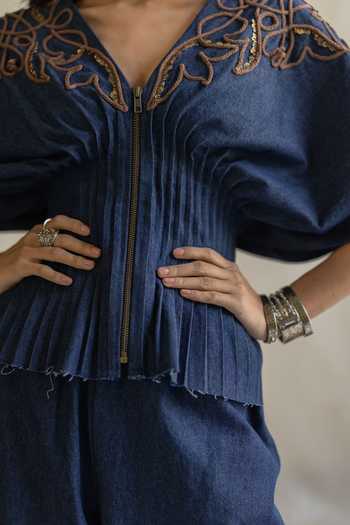Pooja-Keyur Blue Denim V-neck Embroidered Pleated Top at Aza Fashions Pooja-Keyur_Blue Denim V-neck Embroidered Pleated Top _at_Aza_Fashions