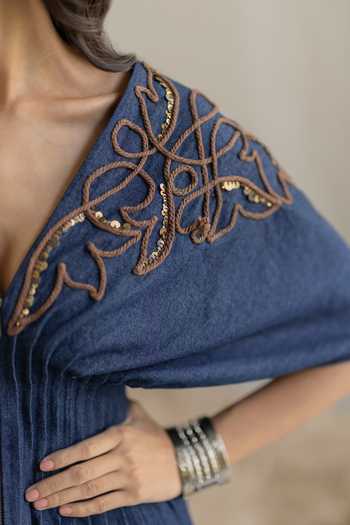 Buy Pooja-Keyur Blue Denim V-neck Embroidered Pleated Top Buy_Pooja-Keyur_Blue Denim V-neck Embroidered Pleated Top