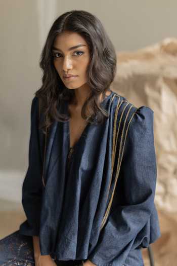 Pooja-Keyur Blue Denim V-neck Top Online at Aza Fashions Pooja-Keyur_Blue Denim V-neck Top _Online_at_Aza_Fashions