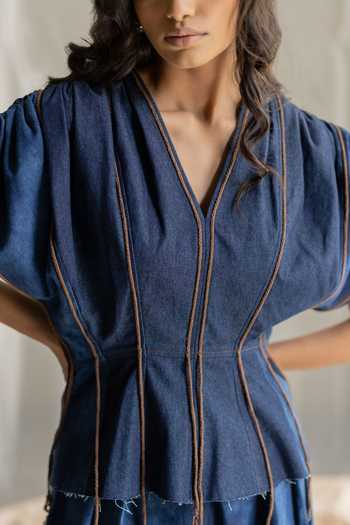Buy_Pooja-Keyur_Blue Denim V-neck Extended Shoulder Top _Online_at_Aza_Fashions