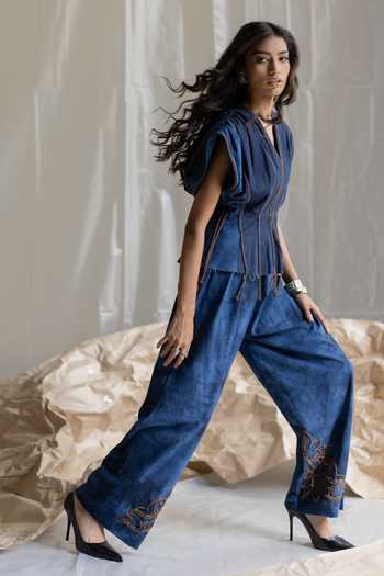 Shop_Pooja-Keyur_Blue Denim V-neck Extended Shoulder Top _Online_at_Aza_Fashions