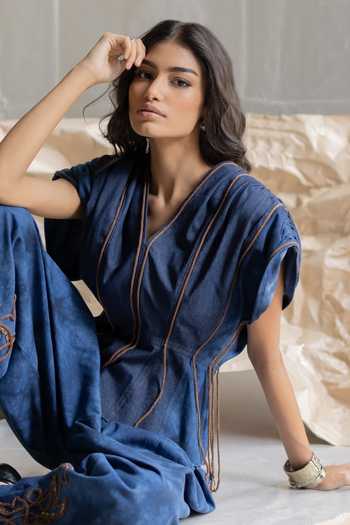 Pooja-Keyur_Blue Denim V-neck Extended Shoulder Top _at_Aza_Fashions