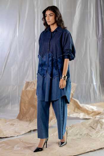 Pooja-Keyur_Blue Denim Collared Neck Long Shirt Tunic _Online_at_Aza_Fashions