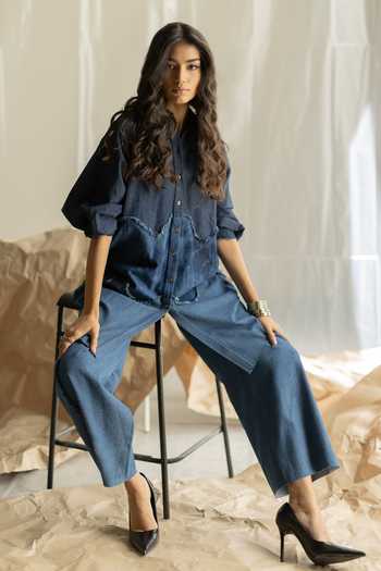 Buy_Pooja-Keyur_Blue Denim Collared Neck Long Shirt Tunic _Online_at_Aza_Fashions