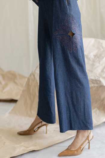Shop Pooja-Keyur Blue Denim Embroidered Straight Pant Online at Aza Fashions Shop_Pooja-Keyur_Blue Denim Embroidered Straight Pant _Online_at_Aza_Fashions