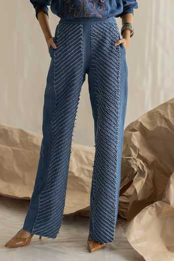 Pooja-Keyur Blue Denim Fringe Straight Fit Pant Online at Aza Fashions Pooja-Keyur_Blue Denim Fringe Straight Fit Pant _Online_at_Aza_Fashions