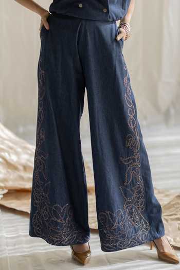 Pooja-Keyur Blue Denim Embroidered Pant Online at Aza Fashions Pooja-Keyur_Blue Denim Embroidered Pant _Online_at_Aza_Fashions