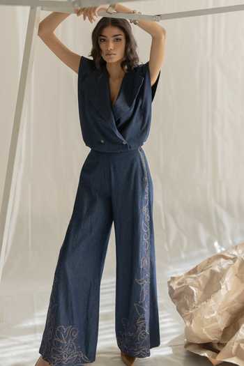 Shop Pooja-Keyur Blue Denim Embroidered Pant Online at Aza Fashions Shop_Pooja-Keyur_Blue Denim Embroidered Pant _Online_at_Aza_Fashions