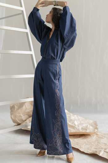 Shop Pooja-Keyur Blue Denim V-neck Lantern Top Online at Aza Fashions Shop_Pooja-Keyur_Blue Denim V-neck Lantern Top _Online_at_Aza_Fashions